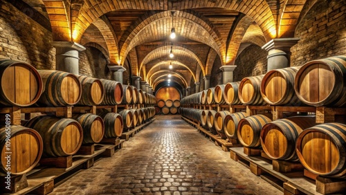 A long, brick-lined cellar filled with rows of wooden barrels, illuminated by hanging lightbulbs, with a cobblestone floor extending to the back of the room.