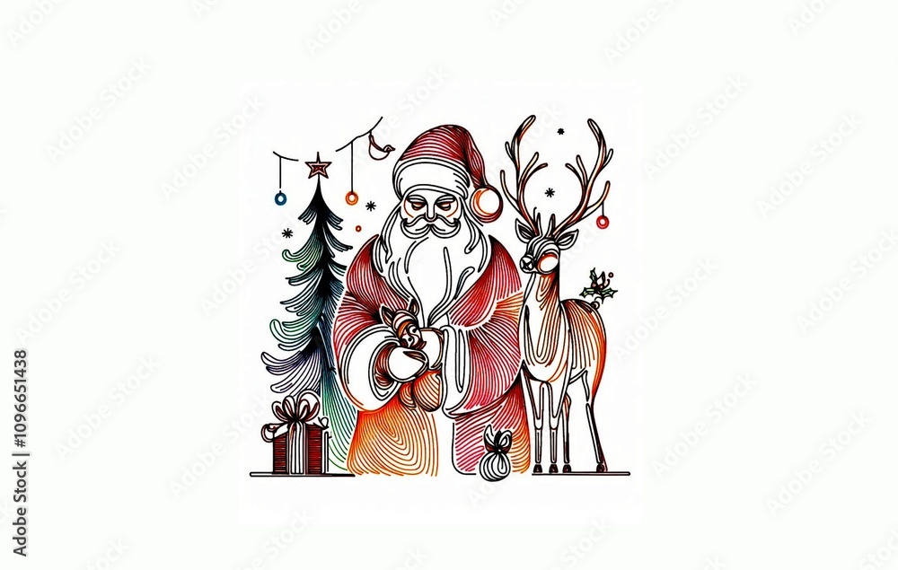 Fototapeta premium Vibrant Stained Glass Style Santa Claus with Reindeer - 2024 Christmas Holiday Illustration
