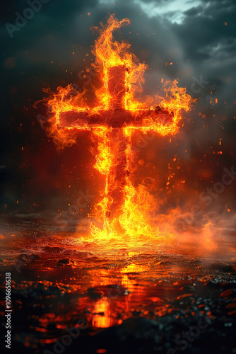 A burning cross, a wooden cross in flames with outpouring of the Holy Spirit. Christian illustration.