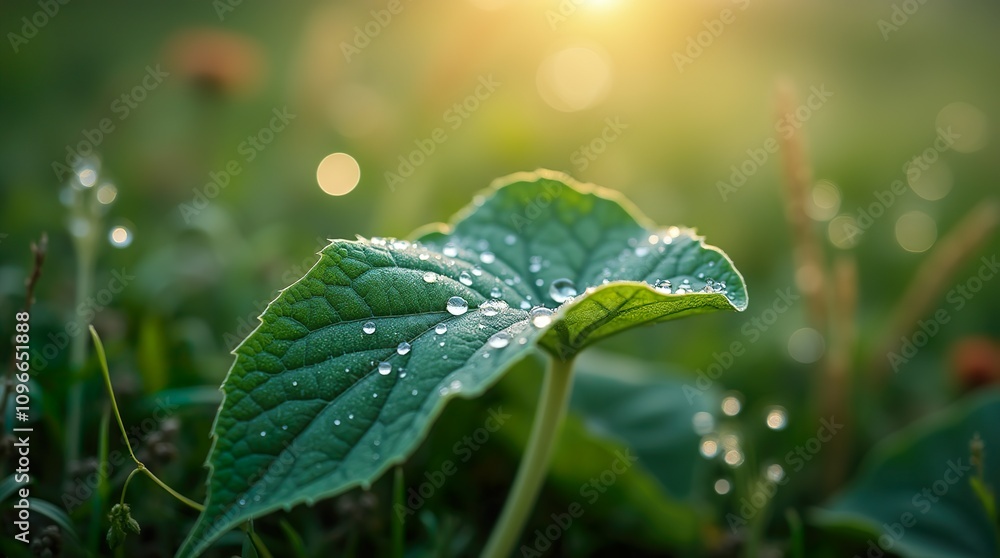Hyper-Realistic Close-Up of Dew on Leaf, Capturing Intricate Veins and Soft Blurred Wildflower Background Hyper-Realistic Close-Up of Dew on Leaf, Capturing Intricate Veins and Soft Blurred Wildflower Background