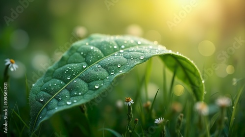 Fine Detail of Dew-Covered Leaf, Veins and Texture in Focus, Surrounded by a Tranquil Nature Scene photo