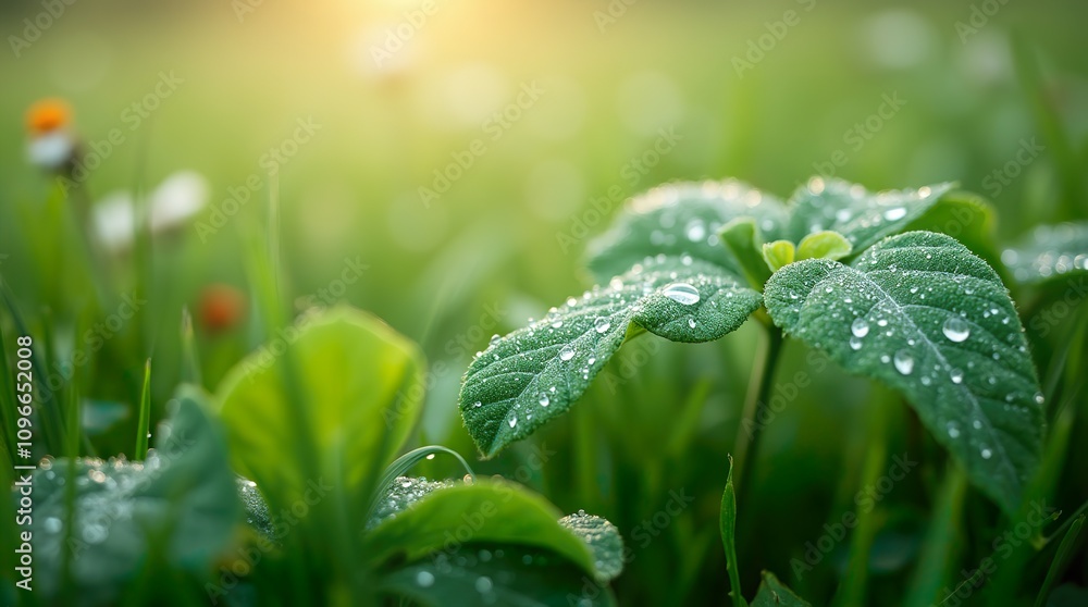 Detailed Close-Up of Dewy Leaf with Defined Veins, Set Against a Peaceful Wildflower Bokeh Background Detailed Close-Up of Dewy Leaf with Defined Veins, Set Against a Peaceful Wildflower Bokeh Background