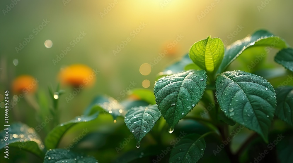 Sharp Close-Up of Dew-Tipped Leaf, Veins and Textures Defined Against a Gentle Bokeh Backdrop Sharp Close-Up of Dew-Tipped Leaf, Veins and Textures Defined Against a Gentle Bokeh Backdrop