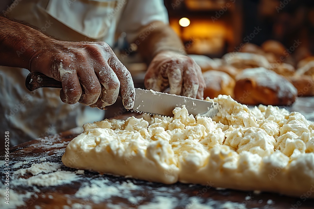 Baker's hands preparing dough with butter for baking. Baker's hands preparing dough with butter for baking.