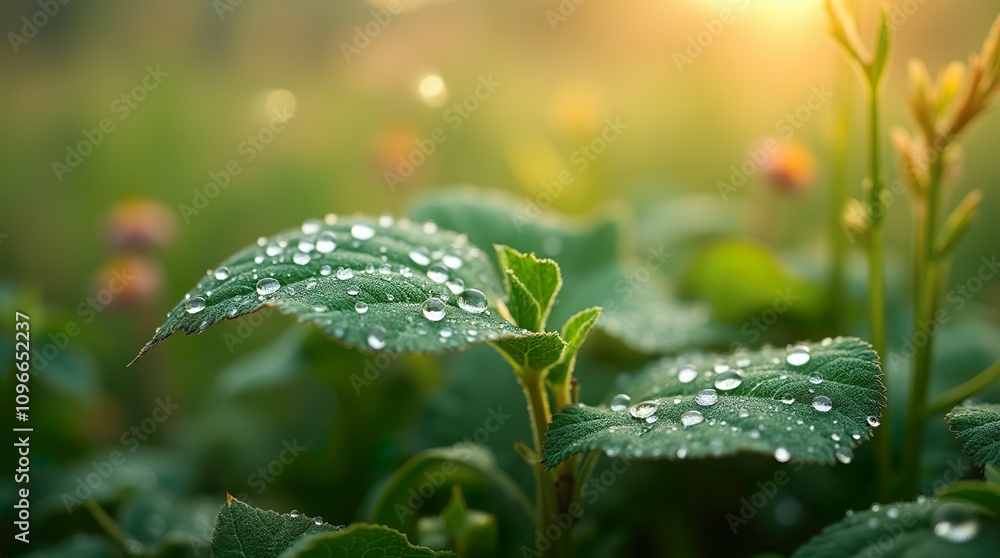 Sharp Close-Up of Dew-Tipped Leaf, Veins and Textures Defined Against a Gentle Bokeh Backdrop Sharp Close-Up of Dew-Tipped Leaf, Veins and Textures Defined Against a Gentle Bokeh Backdrop