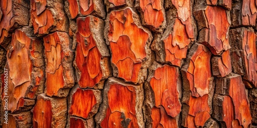 A Close-Up of a Tree's Rough, Orange Bark, Featuring a Complex Network of Cracks and Flakes, Displaying the Tree's Natural Growth Patterns photo