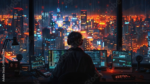 Professional monitoring a digital network, securing data from hackers