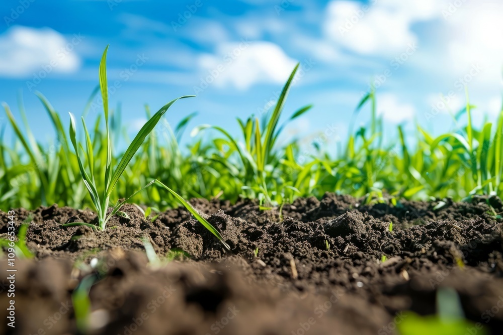 Fresh green grass and wild plants growing on soil against a bright blue sky with scattered white clouds. Nature and agriculture concept for eco-friendly design and outdoor backgrounds. Fresh green grass and wild plants growing on soil against a bright blue sky with scattered white clouds. Nature and agriculture concept for eco-friendly design and outdoor backgrounds.