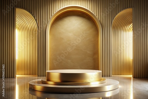 Elegant Gold Podium in Modern Architectural Setting for Product Presentation, Showcasing Minimalist Design with Soft Lighting and Textured Surfaces