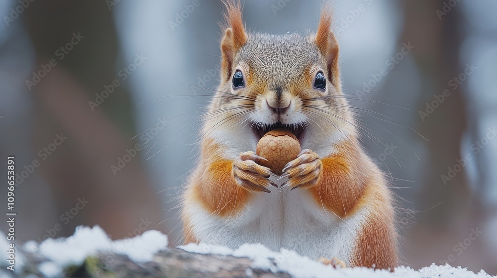 Adorable Red Squirrel Enjoying a Nut in Winter Wonderland Adorable Red Squirrel Enjoying a Nut in Winter Wonderland