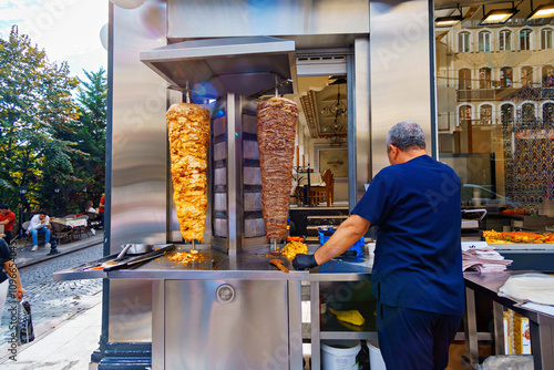 Canvas Print meat for shawarma is grilled, near the cook, Istanbul city street, Turkey