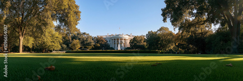 The iconic White House stands majestically, surrounded by vibrant green lawns and towering trees, representing political history and leadership in the United States.