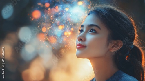 Hopeful young woman looking up at sparkling lights.