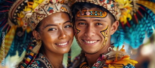 Happy indigenous couple in traditional headdresses and face paint. photo