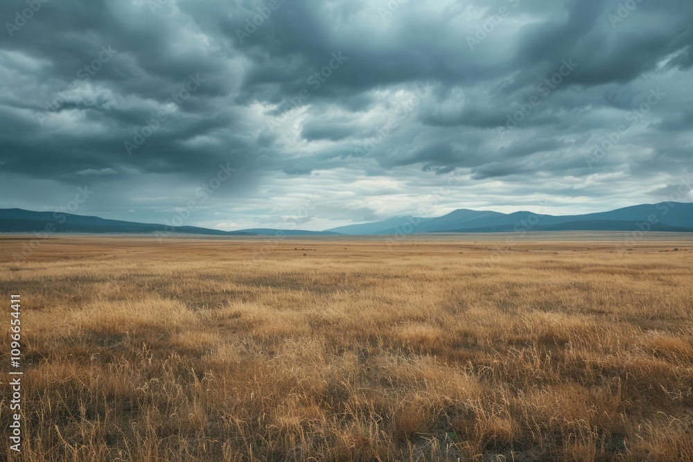 Wide-angle view of an empty plowed field with dramatic storm clouds and distant snow-capped mountains in the background. Agricultural landscape and weather contrast concept for environment and nature. Wide-angle view of an empty plowed field with dramatic storm clouds and distant snow-capped mountains in the background. Agricultural landscape and weather contrast concept for environment and nature.