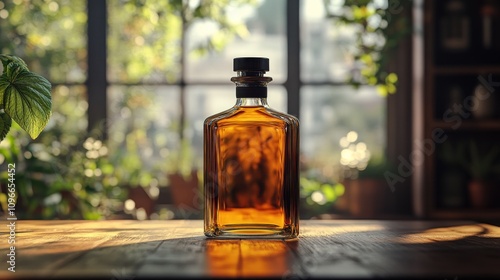 Decanter of Amber Liquid on Wooden Table near Window