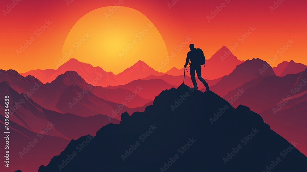 Silhouette of hiker on mountain peak at sunset. Silhouette of hiker on mountain peak at sunset.