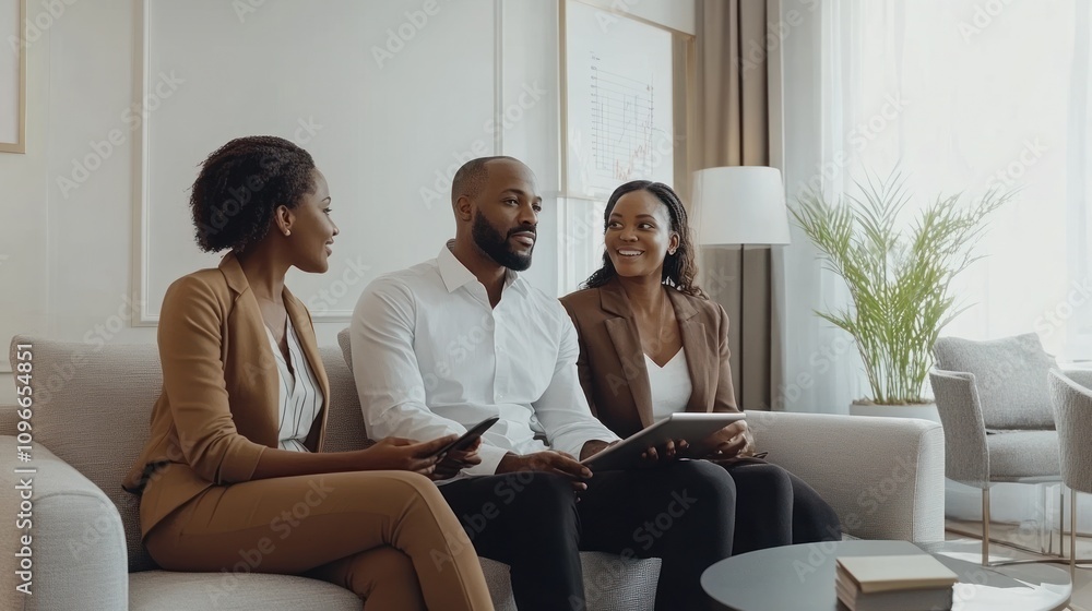 Business Meeting: Three Professionals Collaborate on Projects Business Meeting: Three Professionals Collaborate on Projects