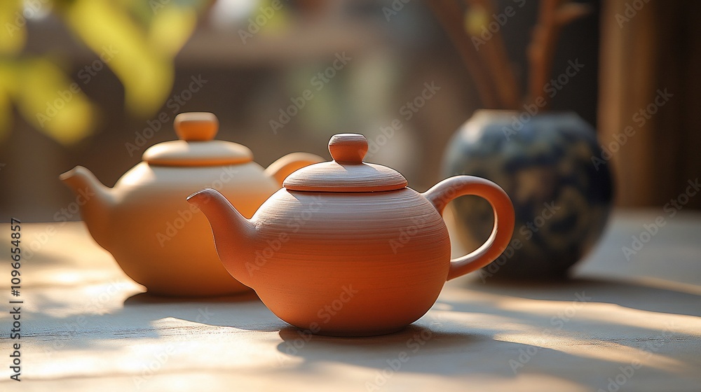 Two terracotta teapots on wooden table. Two terracotta teapots on wooden table.