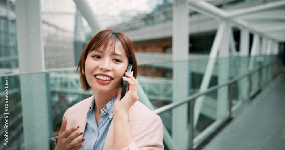 Business, phone call and funny with woman, walking and connection with smile, conversation and app. Japanese person, journalist and employee with smartphone, laughing and discussion with happiness Business, phone call and funny with woman, walking and connection with smile, conversation and app. Japanese person, journalist and employee with smartphone, laughing and discussion with happiness