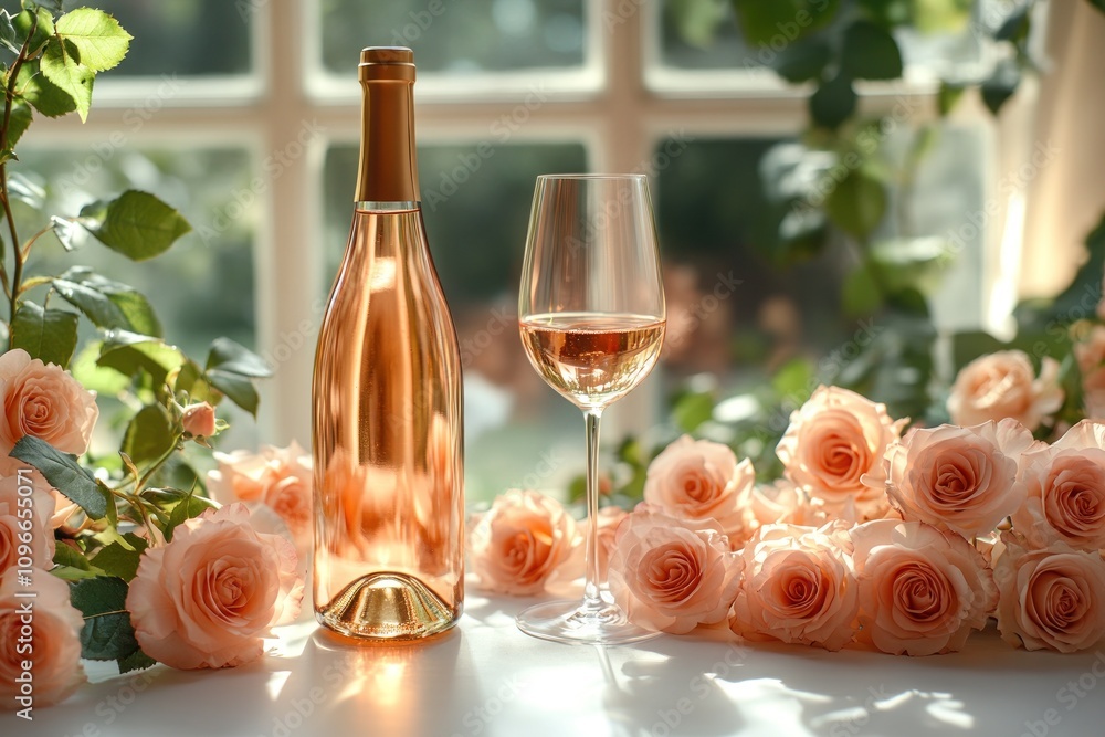 Romantic Rose Wine Still Life: A bottle of ros? wine, a glass, and a bouquet of peach roses are beautifully arranged against a sunlit window, creating a serene and elegant scene. Romantic Rose Wine Still Life: A bottle of ros? wine, a glass, and a bouquet of peach roses are beautifully arranged against a sunlit window, creating a serene and elegant scene.