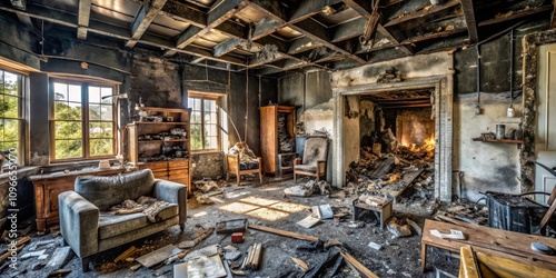 A fire-ravaged living room with a fireplace, charred walls, and remnants of furniture, reflecting the devastating power of nature