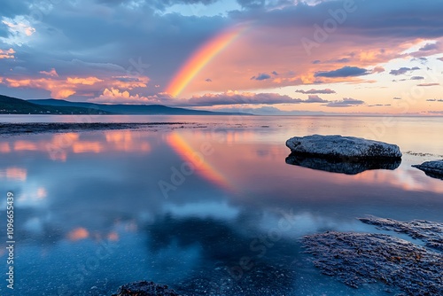 Beautiful Rainbow Over the Sea with a Reflection in the Water, Sky and Clouds, Fantasy Landscape, Beautiful Natural Background