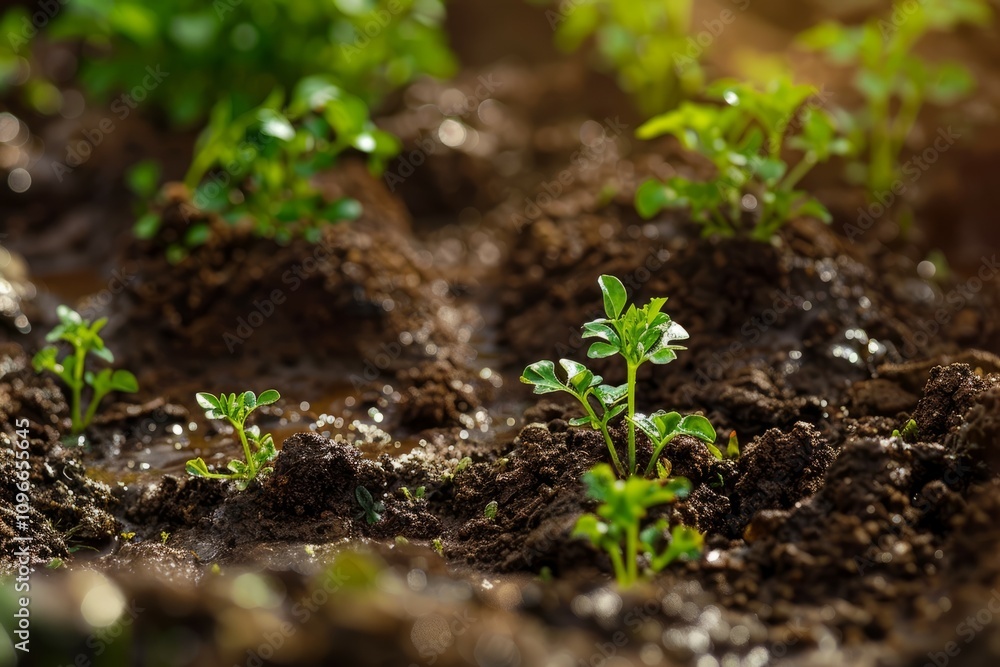 Young green seedlings sprouting from fertile soil with water droplets, surrounded by blurred natural background. Close-up representation of growth and renewal. Young green seedlings sprouting from fertile soil with water droplets, surrounded by blurred natural background. Close-up representation of growth and renewal.