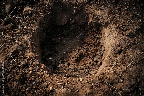 A freshly dug hole in dark soil, surrounded by loose dirt and dry organic material. Close-up of excavation for gardening or planting.
