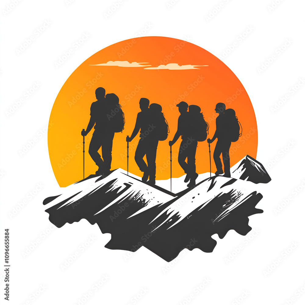 Fototapeta premium Hiking adventure group mountain range vector illustration sunrise side view outdoor exploration concept