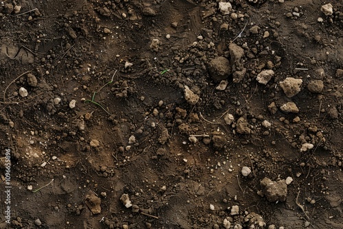 Top view of dry soil with scattered rocks, clumps, and organic debris. Natural earthy texture ideal for environmental or agricultural themes. photo