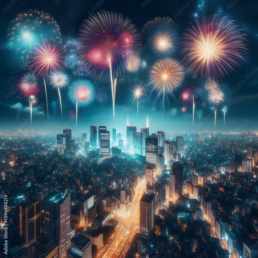 city with New Year's Eve fireworks city with New Year's Eve fireworks