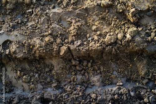 Wallpaper Mural Top view of dry soil with scattered rocks, clumps, and organic debris. Natural earthy texture ideal for environmental or agricultural themes. Torontodigital.ca