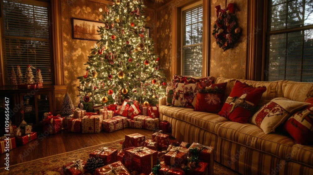 A warm Christmas nook with a dazzling tree, wrapped gifts, and a cozy sofa accented by seasonal pillows and holiday ornaments A warm Christmas nook with a dazzling tree, wrapped gifts, and a cozy sofa accented by seasonal pillows and holiday ornaments