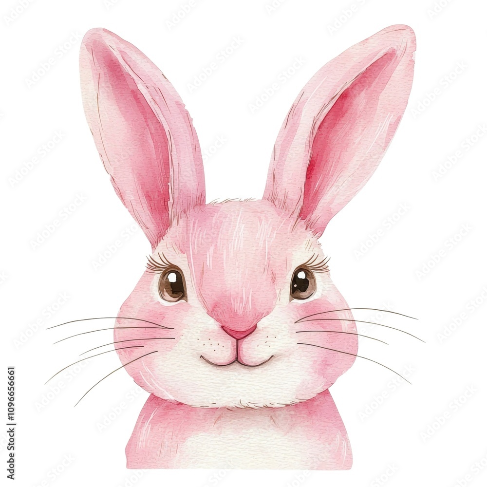 Obraz premium A cute, pink rabbit with large ears and expressive eyes, perfect for children's illustrations or spring-themed designs.
