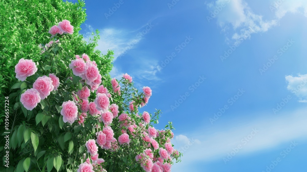 Pink Roses Against a Clear Sky: A Breathtaking Garden Scene Pink Roses Against a Clear Sky: A Breathtaking Garden Scene