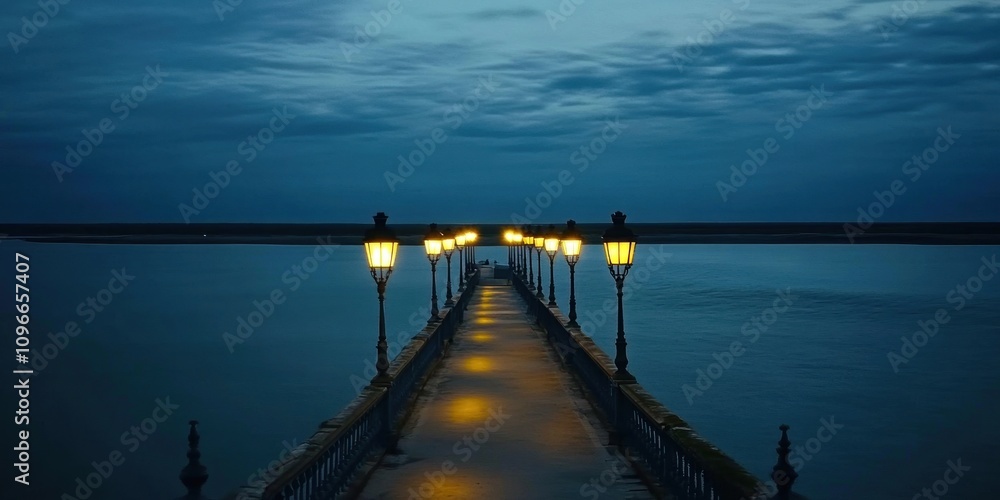 A serene pier illuminated by lamps, extending into calm waters under a twilight sky. A serene pier illuminated by lamps, extending into calm waters under a twilight sky.