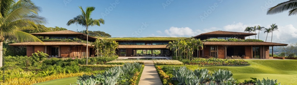 A modern architectural residence surrounded by lush greenery and landscaped gardens. A modern architectural residence surrounded by lush greenery and landscaped gardens.
