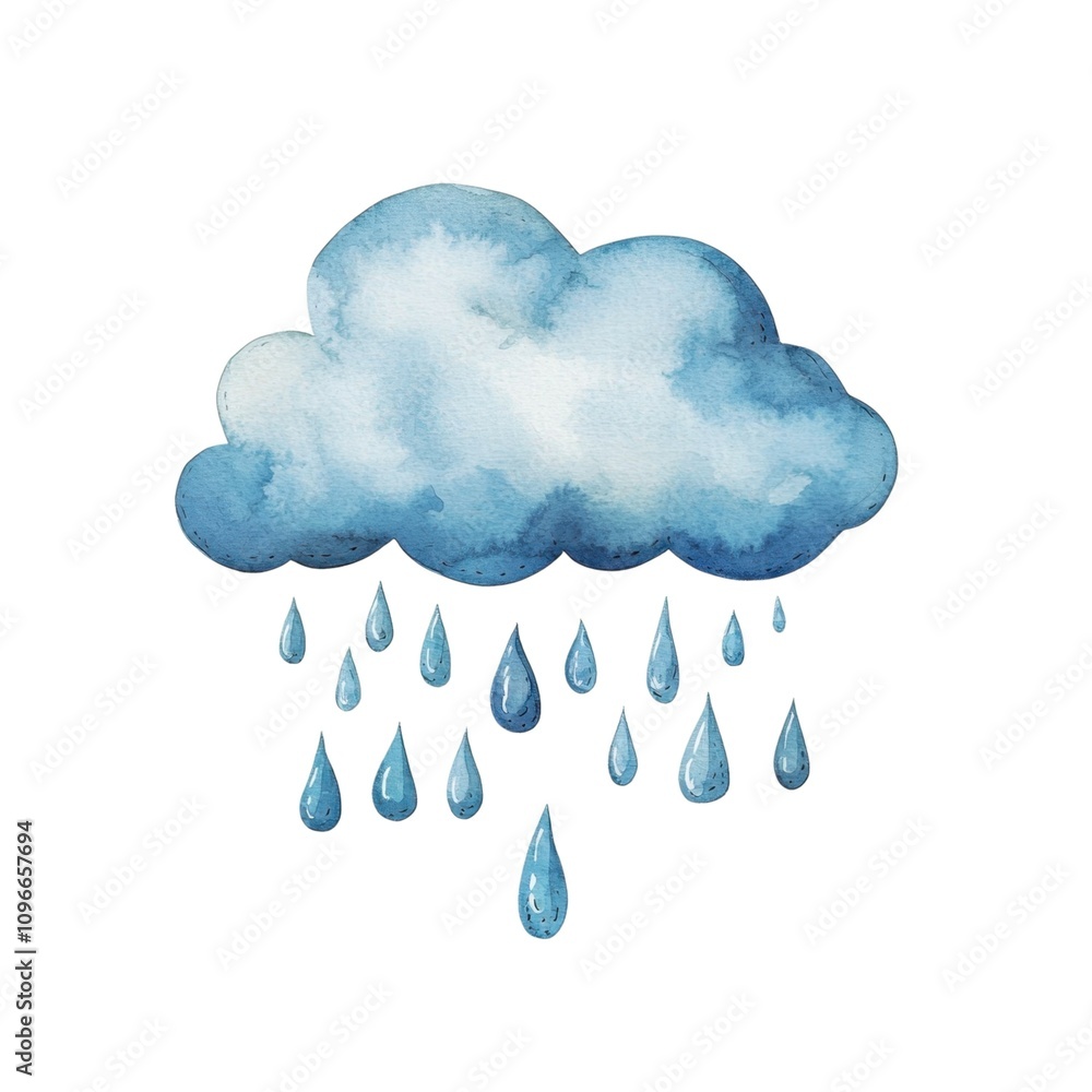 A watercolor cloud illustration with blue hues and raindrops, conveying a calm, rainy atmosphere. A watercolor cloud illustration with blue hues and raindrops, conveying a calm, rainy atmosphere.
