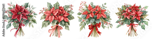 Set of watercolor bouquet of red poinsettia, tied with ribbon, eucalyptus, gum leaves, sage green, watercolor, isolated on a Transparent background