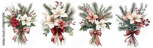 Set of watercolor bouquet of red and white poinsettia, tied with ribbon, eucalyptus, gum leaves, sage green, watercolor, isolated on a Transparent background