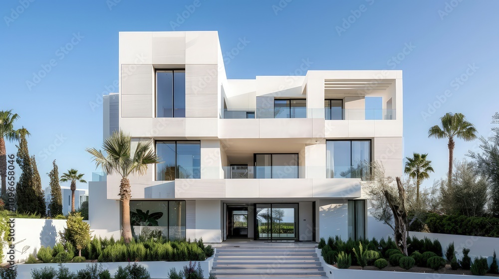 Fototapeta premium Balconies adorned with planters spilled over with vibrant foliage, seamlessly blending architecture with nature. 