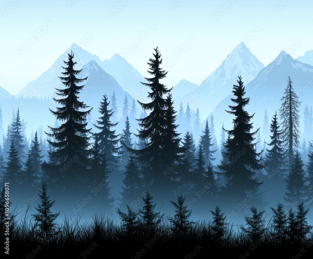 Misty Mountain Forest: A Serene Winter Landscape Misty Mountain Forest: A Serene Winter Landscape