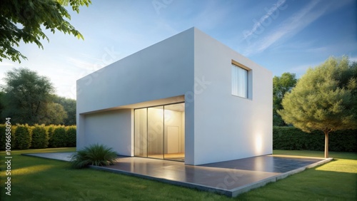 Modern minimalist house with large windows and a spacious patio overlooking a lush green lawn