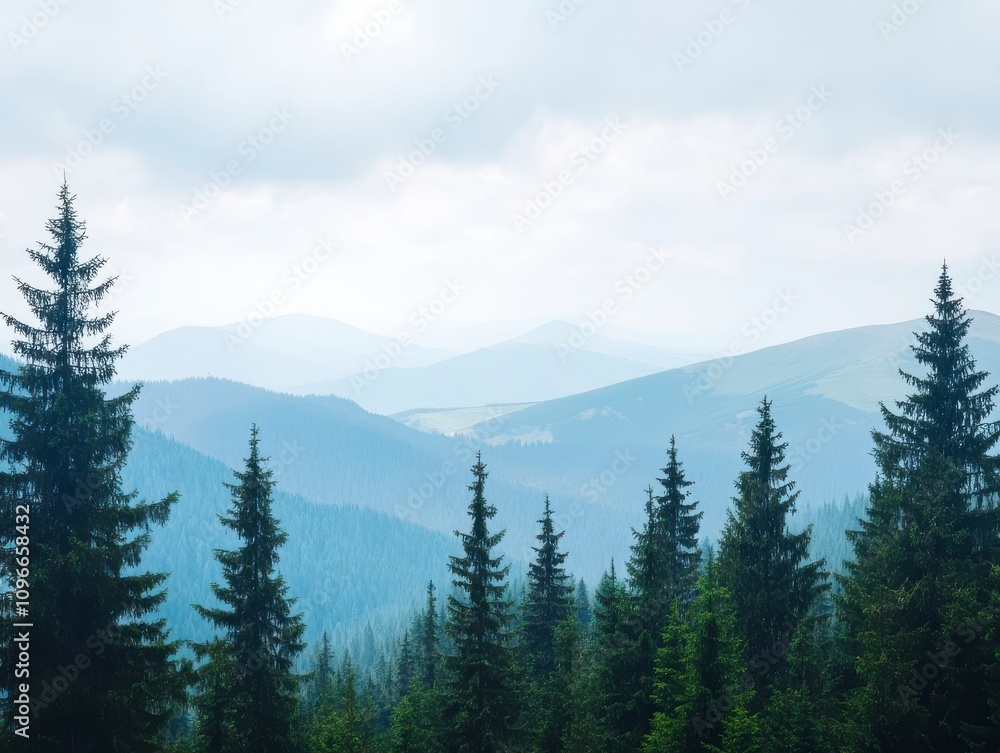 Misty Mountain Range with Pine Trees: A Breathtaking Mountain Forest Landscape Misty Mountain Range with Pine Trees: A Breathtaking Mountain Forest Landscape