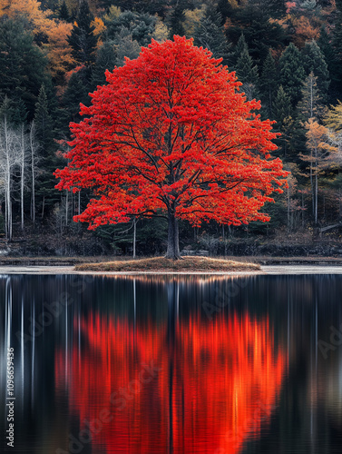 vibrant red maple tree stands tall and full, its leaves reflecting the surrounding autumn colors on calm waters