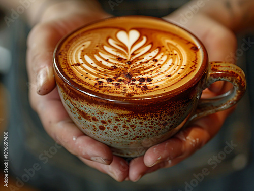 Hands holding a cup of coffee. Close-up a cup of coffee held in hands.  photo