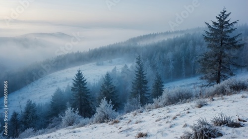 Snowy hillside with frosted trees