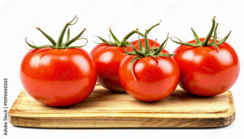 Red, juicy and ripe tomatoes lie on a wooden board on a white background. AI generated. Red, juicy and ripe tomatoes lie on a wooden board on a white background. AI generated.