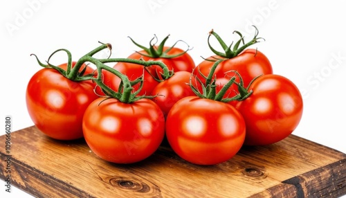 Red, juicy and ripe tomatoes lie on a wooden board on a white background. AI generated.